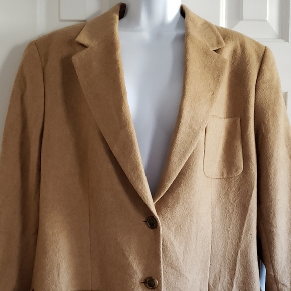 Talbots Womens Pure Camel Hair Blazer 14 FLAWS Tan Vintage 2 Button Long - Picture 2 of 14